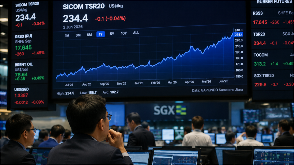 SICOM-TSR20 Terkoreksi di Awal Pekan, Namun Bullish Masih Bertahan! Pasar Berpeluang Uji 235–240 Cents Lagi